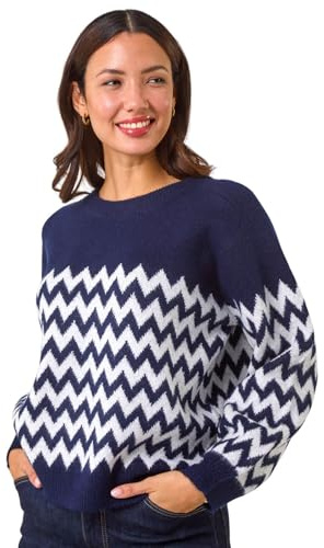 Roman Originals Thick Jumper for Women UK - Ladies Winter Autumn Smart Casual Knit Knitted Knitwear Pull-On Round Crew Neck Long Sleeve Work Office Dinner Party - Navy Ivory - Size 18