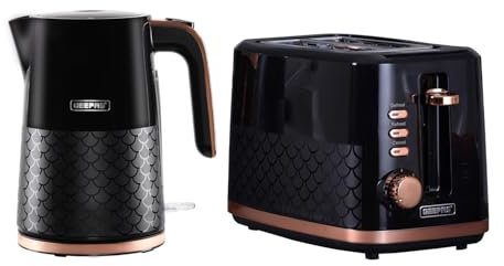 GEEPAS 1.7L Electric Kettle & 2 Slice Bread Toaster | 3000W Rapid Boil Cordless Jug Kettle | Cord Storage, Otter Controller| 7 Browning Levels, Removable Crumb Tray | Black, Aurora Collection