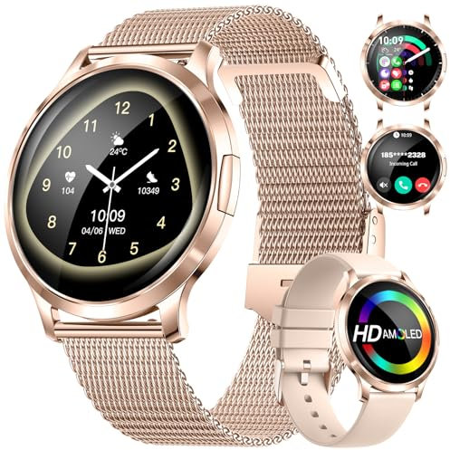 DREMAC Smartwatch Damen,1.32'' Amoled Kreisbogen Display,Damen Armbanduhr mit Pulsuhr/Menstruationszyklus/SpO2/Schlafmonitor,IP68 Wasserdicht Fitness Tracker für iOS Android Roségold