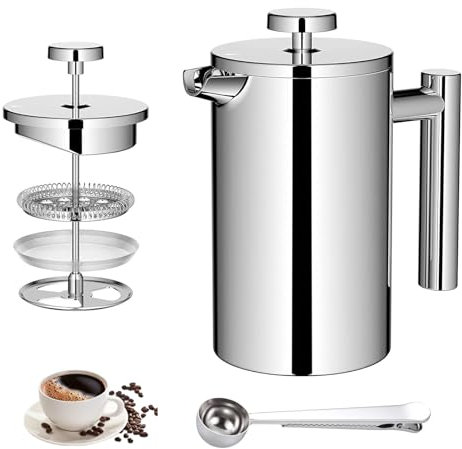 Eidoct 350ml Stainless Steel Double Wall Heat Resistant Coffee Press, Double Walled Insulation French Press Cafetiere, 3 Level Filter Double-Walled Insulated Stainless for Home and Office
