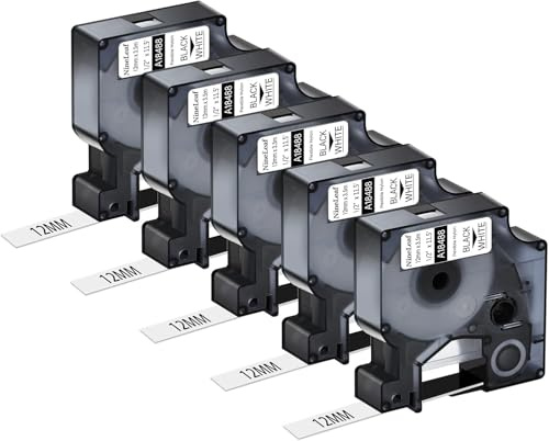 NineLeaf 5 Packung Ersatz für Dymo 18488 A18488 12mm x 3.5m Bänder Schwarz auf Weiß Flexibles Nylon Industrie Schriftband für Rhino 5000 6000 ILP 219 3M PL200 PL300 PL100 PL150 Beschriftungsgerät
