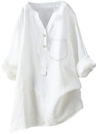 Muslin Blouse Oversized Short Sleeve Linen Blouse Summer Oversize Long Shirt Large Sizes Linen Shirt 3/4 Sleeve Long Blouse Button-Down Blouse Tunic Shirt Linen Women's Blouses Blouse Shirt Linen