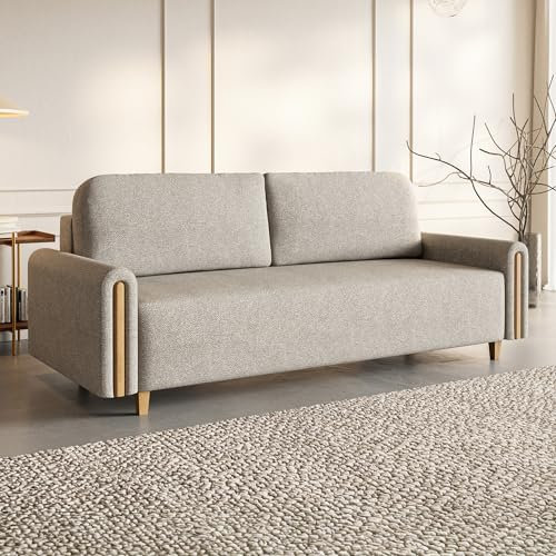 MOTIVENA Notti 3 Sitzer Sofa mit Bettfunktion, Schlafsofa 235 cm Breit, Klappsofa mit Schlaffunktion, Schlafsofa mit Bettkasten, Bettsofa mit Schlaffunktion, Samt Struktur Sofa Beige