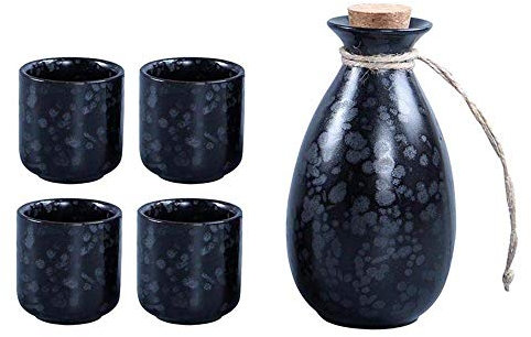CWCQGH Juego de 5 Tazas de Sake de cerámica Mate esmaltada en Negro de 9 oz, Textura pintoresca, para té frío/Caliente, para Familiares y Amigos.