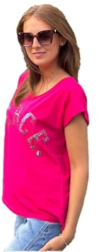 Miss Goodlife MG12852 Damen T-Shirt Peace Paillette, Berry/Rose, M