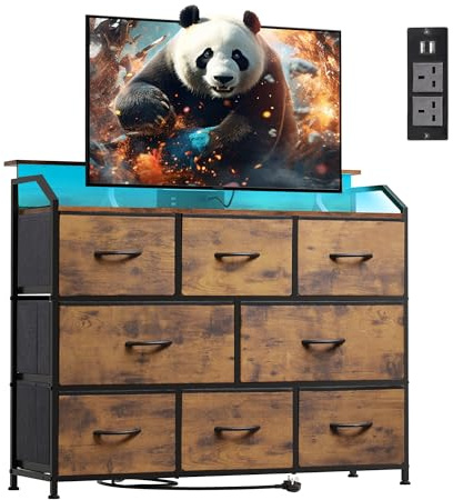 WLIVE Chest of Drawers with LED&Charger, 8 Fabric Drawer Dresser Bedroom | 2AC + 2USB Outlet, LED with 31 Light Modes and Colors, Wood Top, Sturdy Steel Frame, TV Stand for Living Room, Rustic Brown