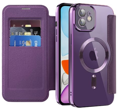 IMEIKONST Flip Wallet Case for iPhone 11 Cover, Purple JDCX | RFID Blocking Card Holder, Camera Lens Protection, Magnetic Transparent TPU Back, Compatible with MagSafe, PU Leather
