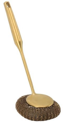 GYZOUKA Geschirrschrubber, Topfreiniger, Langer Griff, Stahlwolle-Schrubber aus Edelstahl mit Aufhängeloch für Töpfe, Pfannen, Grills, Herdplatten (Gold)