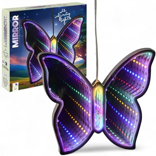 MIJOMA Spiegel Figuren Infinity LED – batteriebetrieben mit 6-Stunden-Timer, dekoratives Spiegellicht mit Endlos-Effekt für Fensterbereiche & Wohnräume (Schmetterling)