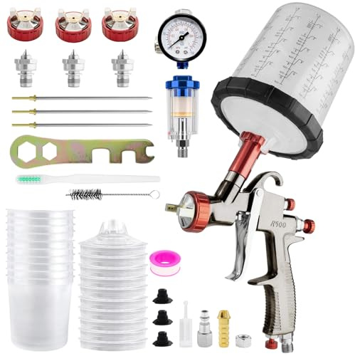 R500 LVLP Lackierpistole Spritzpistole Premium-Kit, Lackierpistole Druckluft mit 1,3/1,7/2.0 mm Düsen, 20 Unzen (650 ml) Set mit 10 Einweg-Farbspritzpistolenbecher, Farbpistole für Autos & Haus