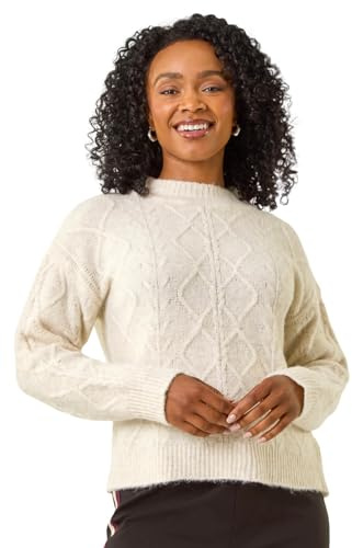 Roman Petite Cable Knit Jumper for Women UK - Ladies Everyday Autumn Winter High Neckline Comfy Soft Evening Vacation Work Party Night Out - Petite Beige - Size 12