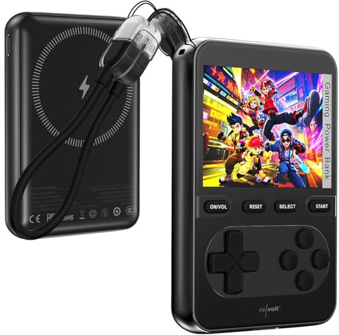revolt Spielekonsole: Gaming-Powerbank 10.000 mAh, für Qi und MagSafe, bis 20 W, 200 Spiele (Qi-Powerbank für unterwegs, für Retro-Gaming)
