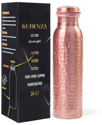 100% Pure Copper Water Bottle – Ayurvedic Copper Bottle for Drinking Water – 34 oz (1 Liter) – Handmade, Leak-Proof, BPA-Free, Eco-Friendly, Joint & Digestion Support, Yoga, Office & Daily Hydration