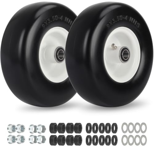 GICOOL 9x3.50-4 Zero Turn Mower Flat Free Tire and Wheel Assembly, Smooth Tread Front Tires for ZTR Mowers, 1/2'' & 3/4 & 5/8 Bearing Bore, Adjustable Centered Hub Length 3.5-4-4.5-5, 2-Pack