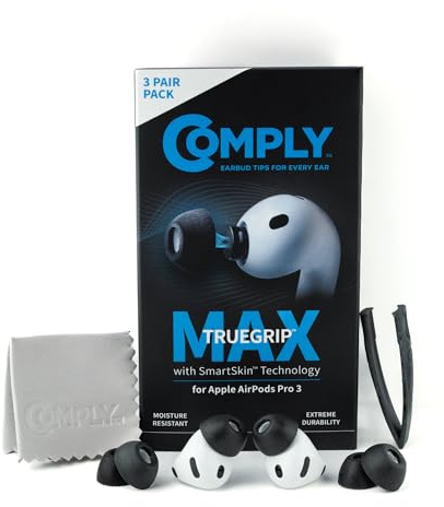 Comply TrueGrip MAX | Premium Memory Schaumstoff Ersatz-Ohrstöpsel für Apple AirPods Pro (3 Generation) | SmartSkin™-Technologie | hervorragende Geräuschisolierung| schwarz, Sortiert S/M/L, 3 Paar