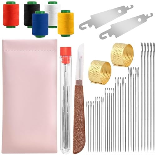 Kit da 42 aghi da cucito in acciaio con cruna grande, include 30 aghi in acciaio, 1 scucitore per filo da cucito, 2 infila-ago, 5 fili, 2 ditali, 1 tubo di stoccaggio, 1 borsa per rammendo