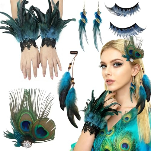 YeahBoom Pfau Kostüm Damen,Pfauenfeder Haarspangen,mit Wimpern Pfau und Pfau Haarschmuck,Feder Manschetten Hand,Pfau Kostüm Accessoires,Für Karneval Fasching Halloween Mottoparty Cosplay