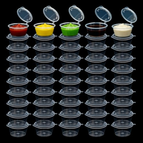 Sixinfeto Small Plastic Containers with Lids 50 Pack Sauce Pots 50ml Containers 2oz Plastic Condiment Pots Portionsbecher for Sauces, Dips and Condiments