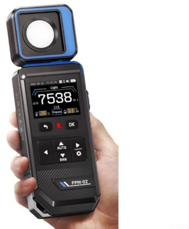 Digitales LED-Lux-Messgerät FPM02 mit Photometer-Funktionen, misst 99900 Lux, inkl. MAX MIN-Einstellungen, hintergrundbeleuchtetem Bildschirm, Datenspeicherung und automatischer Abschaltung