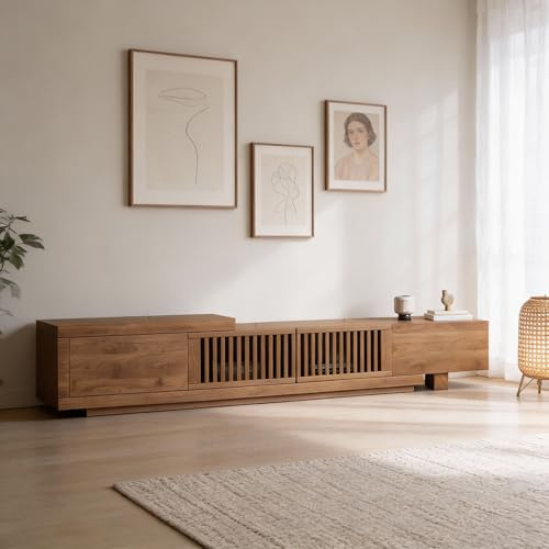 Extendable Walnut TV Stand, Modern Floor Standing TV Unit with 2 Drawers & Fluted Doors, Large Storage Media Console Entertainment Center for Living Room, Fits up to 100 Inch TVs, Extends to 103 Inch