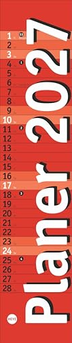 Langplaner mini, rot 2027: Praktischer Streifenkalender fürs Büro. Kleiner Wandkalender mit genug Platz für Eintragungen. Terminkalender 2027. 7 x 33 cm
