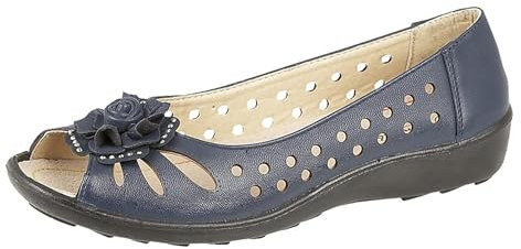 Boulevard Womens Wide Fit Leather Lined Open Peep Toe Flower Summer Shoes Blue 6