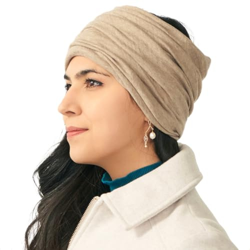 CHARM Cuello Calentador Para Mujer Y Hombre - 2 in 1 Caliente Diadema Bandana & Bufanda Algodon Organico Hecho en Japan Beige