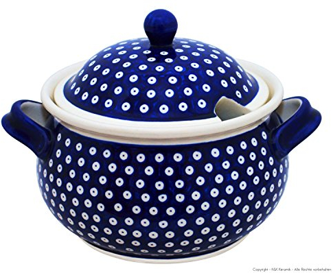 Boleslawiec Pottery Decor 42 - Fuente sopera de cerámica de Bunzlauer, diseño de lunares, color azul y blanco - 4,5 L