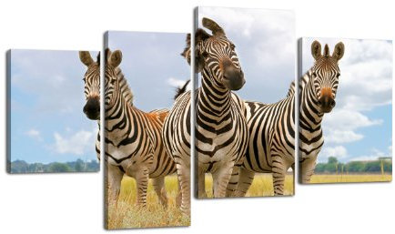 wandmotiv24 Leinwandbild Zebratrio LW28 Wandbild, Bild auf Leinwand, 4 Teile, 180x115cm, Kunstdruck Canvas, XXL Bilder, Keilrahmenbild, fertig aufgespannt, Bild, Holzrahmen, Zebra, Afrika, Steppe