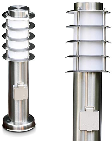 Wegeleuchte Tunes mit Steckdose, kleine Stehlampe aus Edelstahl mit Schuko Stecker, ideal als Gartenleuchte, schönes Design, Sockelleuchte, E27-Fassung, mit Schutzabdeckungen, ohne Leuchtmittel