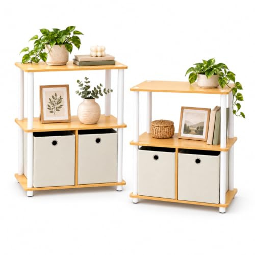 Furinno Go Green 3-Stufe 2-Bins Mehrzweck-Lagerregal, 2er-Set, Buche/Weiß