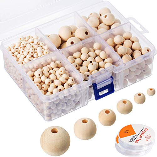 BITEFU 1235 Stück Holzperlen Natur Holzkugeln mit Loch, Kostenlos 2 Rollen Transparenten Elastischen Fadens für DIY Schmuck Herstellung, 6 Größen Holzperlen (6 mm/ 8 mm/ 10 mm/ 12 mm/ 16 mm/ 20 mm)