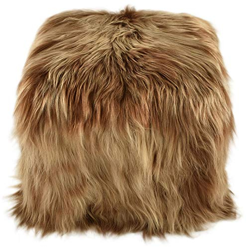 generisch Hocker Sitzwürfel Pouf aus langwolliges Lammfell Goldbraun mit Holz Gestell 42 x 42 x 42 cm