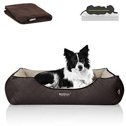 BedDog Premium Orthopädisches Hundebett WUFFI, Hundesofa aus Kunstleder, Abnehmbarer Bezug, Kuschel-Decke Zugabe - Melange (beige/braun)