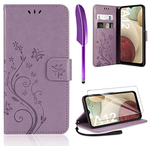 AROYI Coque Compatible avec Samsung Galaxy A12, Retro Design PU Etui Housse en Cuir Portefeuille de Protection Fonction Stand Video Porte Carte Credit Ticket Flip Case A12 Purple (Violet)