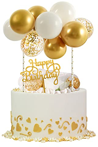 White Gold Balloon Cloud Cake Topper 5 Inch 10pcs Confetti Metallic Mini Balloon Garland Cake Topper with Happy Birthday Letter Cupcake Topper for Wedding Cake Decorations Baby Shower Party