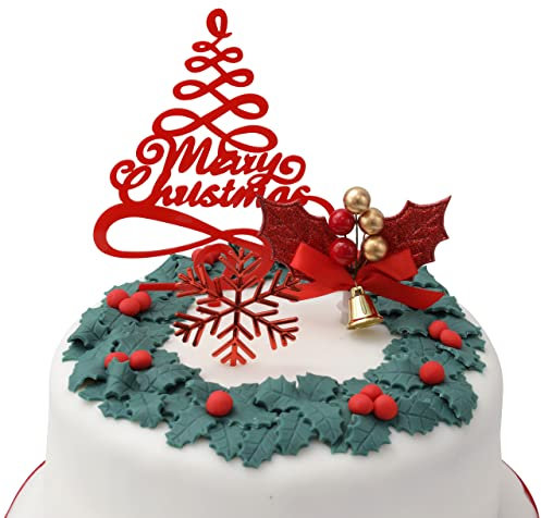 Kuchendekoration mit roten Blättern, Motiv: Merry Christmas, 3-teiliges Set