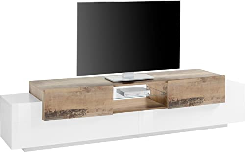 möbelando TV-Lowboard Unterschrank Rack HiFi Element Fernsehtisch Schrank Catania III Weiß Hochglanz/Ahorn Nachbildung
