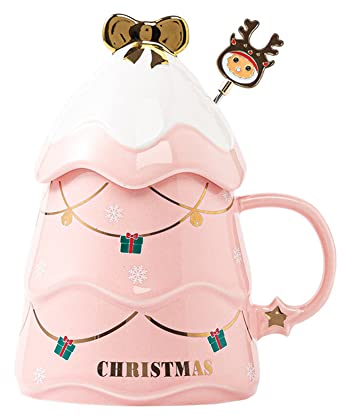 Weihnachtstassen Tassen mit Löffel Becher Keramik Weihnachtsbaum Kaffeetasse Merry Christmas Kaffeebecher Weihnachtsmotive Weihnachtsdekor Geschenk & Geschenkidee
