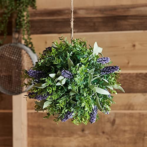 Lights4fun Outdoor Garden Artificial Lavender Topiary Ball Hanging Decoration with 50 Warm White Micro LEDs Battery Operated Timer 30cm