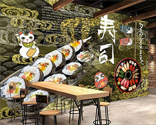 Personnalisé Grande Murale Papier Peint De Style Japonais Mur De Fond De Restaurant De Sushi 3D-Nostalgique Classique Sushi Japonais Nourriture Délicieuse Mur De Fond De Restaurant Japonais 120Cm(W)×8