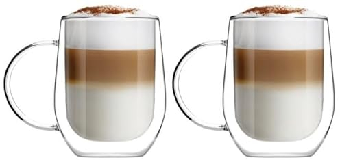Vialli Design Set 2 x Thermogläser Doppelwandig mit Henkel 300 ml, Gläser für Latte Macchiato, Cappuccino, Amo Kollektion, Kaffeetassen, Kaffeegläser, Hitzebeständiges Glas, Transparente