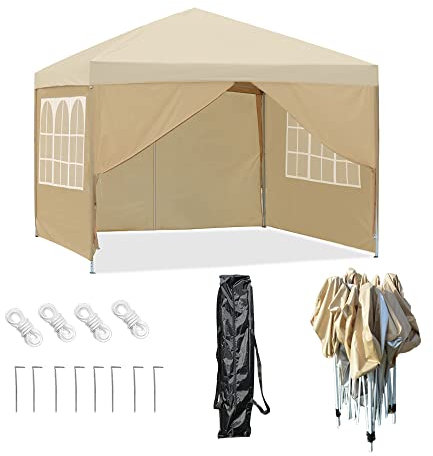 Mingone Pavillon PE Wasserdicht Partyzelt Gartenzelt Festzelt Weidezelt Bierzelt UV Schutz 50+ (3 x 3 m, Beige mit 4 Seitenteilen)