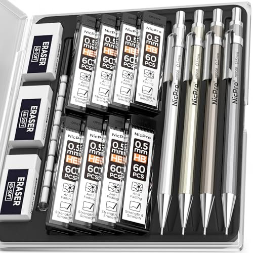 Nicpro 4 Stück Metall Druckbleistifte Set, Bleibleistift 0,5 mm für Künstlerschreiben, Skizzieren, Zeichnen, mit 8 Röhren HB-Minenminen und 3 x Radiergummis mit Etui
