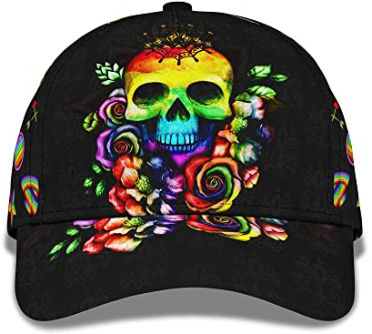 456 Sonnenblende Mütze Bunte LGBT-Schädelblumen Und LGBTQ-Muster 3D-Gedruckte Rückseite Baseball Cap Freizeit Freizeit Basecap Sonnenschutz Baseballkappe Für Running Golf Damen