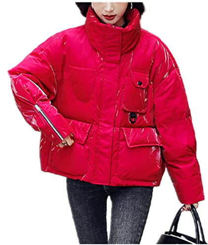 Vêtements d'hiver courts en duvet pour femmes - Col extérieur plus lumineux, Rouge, M