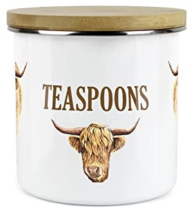 Purely Home Highland Cow Teaspoons Canister - White Metal Enamel Kitchen Food Storage Container