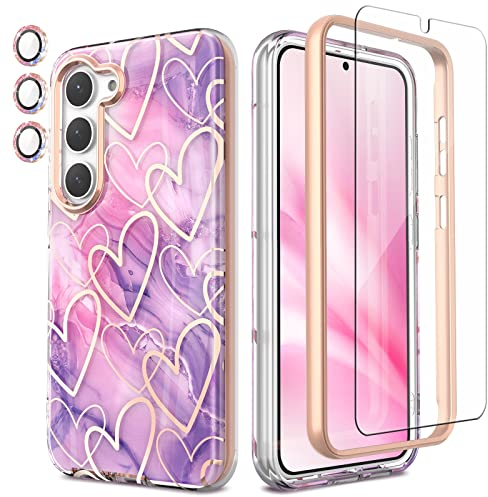 Chvelop 4-in-1 Samsung S23 Hülle mit Schutzfolie + Stoßfänger & Kameraschutz | Militärischer Stoßfest 360°-Schutz, Samsung Galaxy S23 Hülle Glänzend Fade-Resistant Muster-Design Handy Case (Lila)