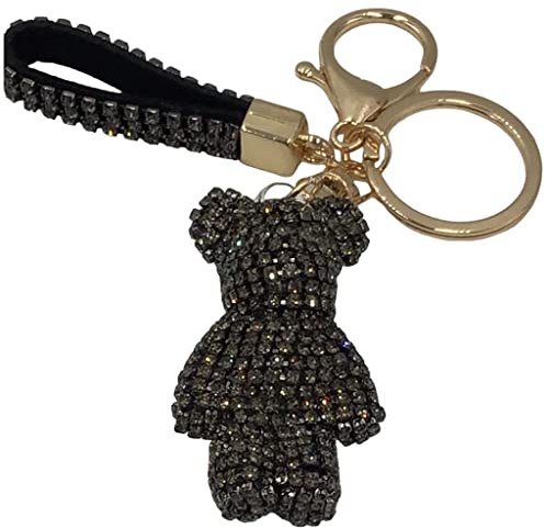 Steinfixx® Edler Glitzerbär Schlüsselanhänger mit Ring und Lederschlaufe | luxuriöses Geschenk | Cartoon | Strass (Schwarz)