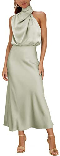 MIRGLER Vestido largo elegante y formal con cuello alto, de satén elástico, cintura alta, para mujer, color verde, L